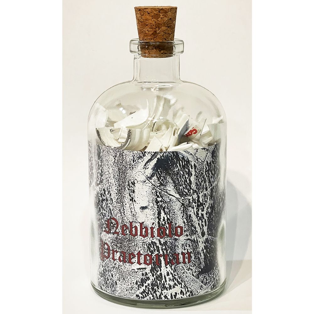 <br/>Nebbiolo Praetorian, 10/9/2025<br/>Apx 6½" x 3" x 3"<br/>glass, paper, ink, cork and plastic